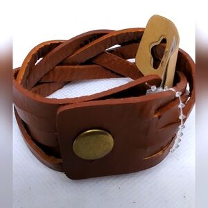 Rust Braided Faux Leather Snap Cuff Bracelet Biker Southwest Style 8.5 inch New